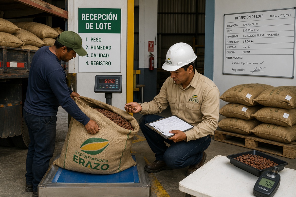 Recepción y pesaje de un lote de cacao
