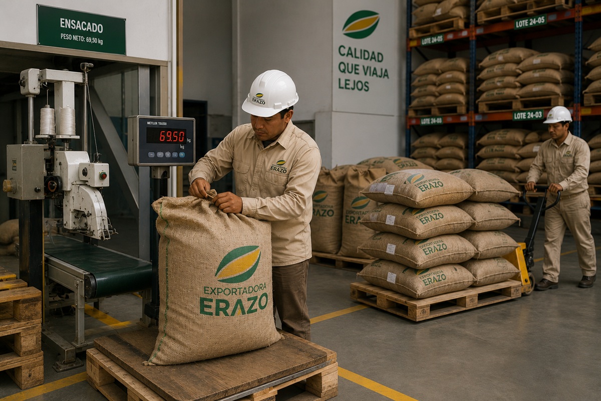 Ensacado y almacenamiento de cacao en bodega