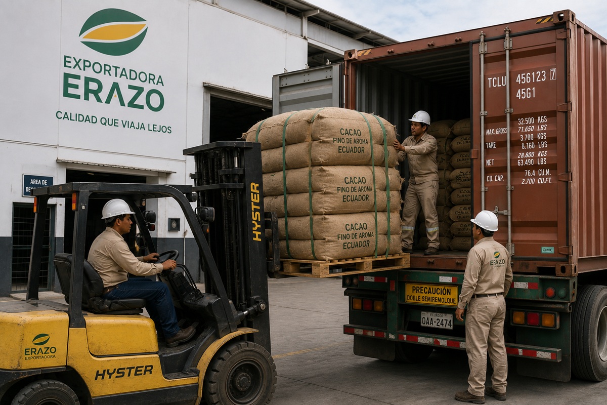 Carga de sacos de cacao en contenedor para exportación